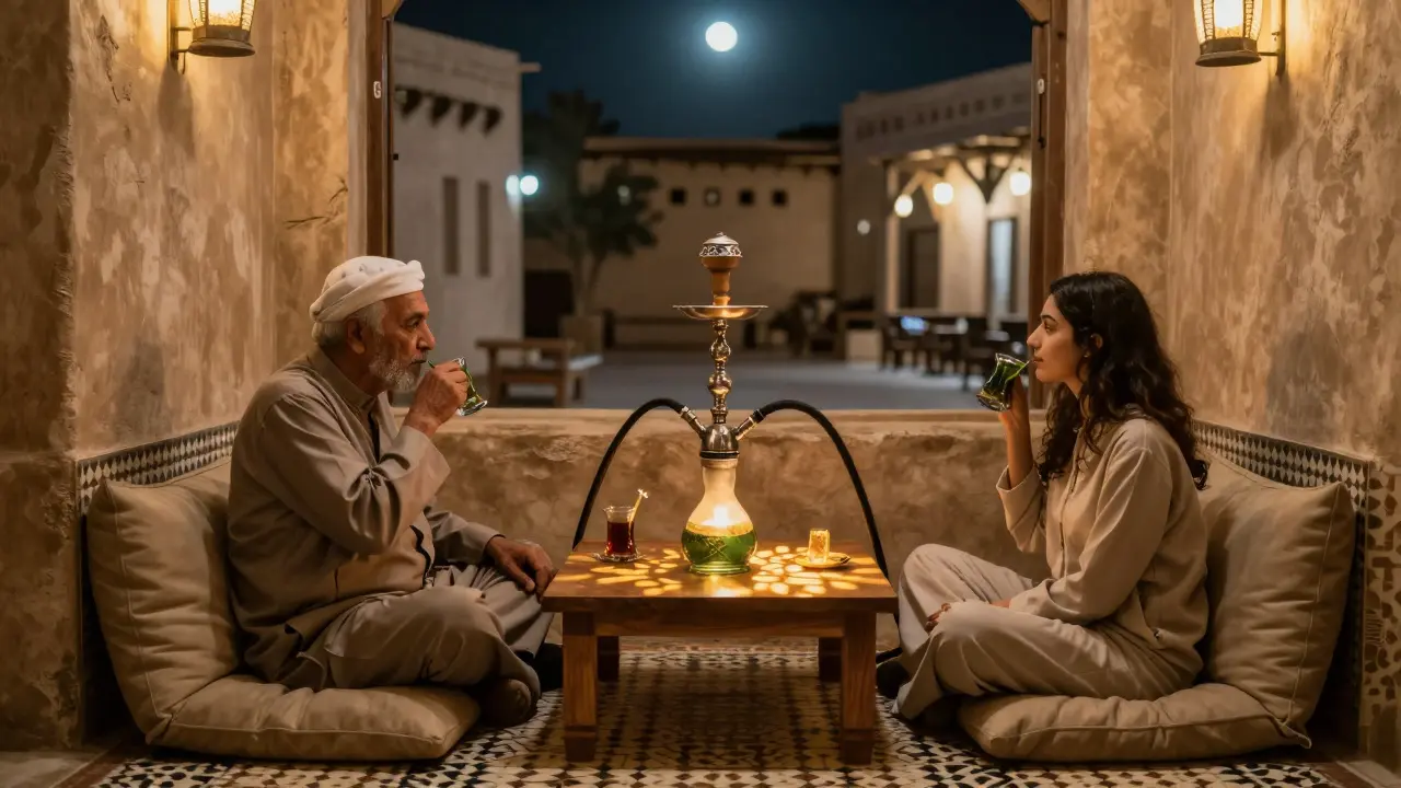 A peaceful shisha lounge in historic Al Fahidi with lantern light and traditional decor.