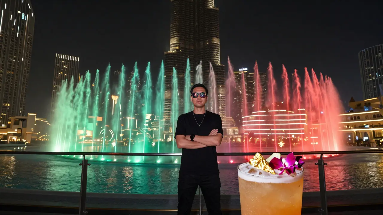 A person stands on a glass floor overlooking a vibrant fountain show, with the Burj Khalifa glowing behind and colorful water reflecting around them.