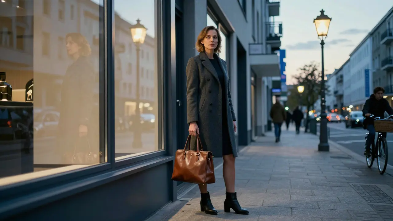 A professional escort standing outside a modern Berlin apartment building, calm and composed under soft street lighting.