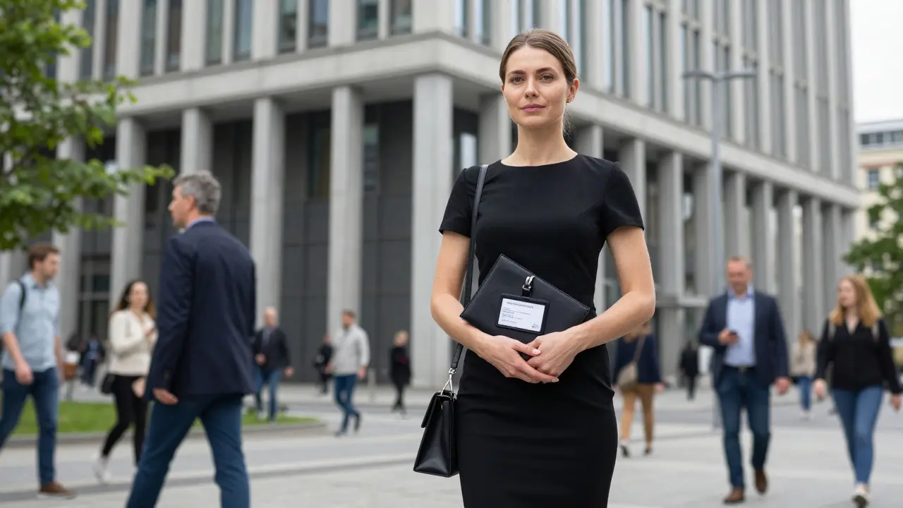 A professional escort stands confidently outside a Berlin high-rise, holding her registered business ID with calm poise.