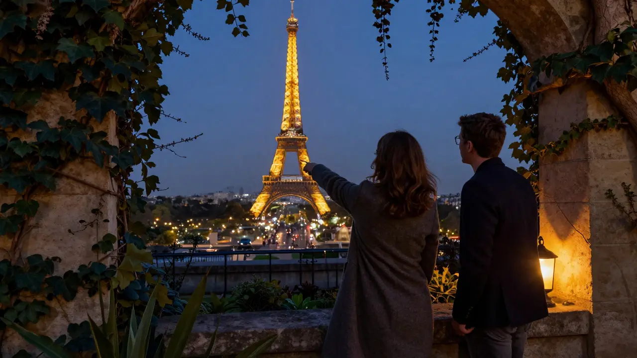 A quiet moment in a hidden Parisian garden as the Eiffel Tower glows in the distance.