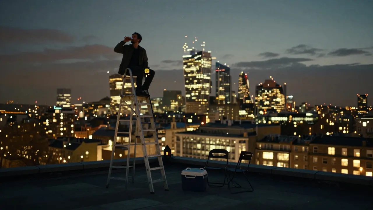 A quiet rooftop at dawn with a single figure overlooking London’s skyline, no signs, just stars and city lights.