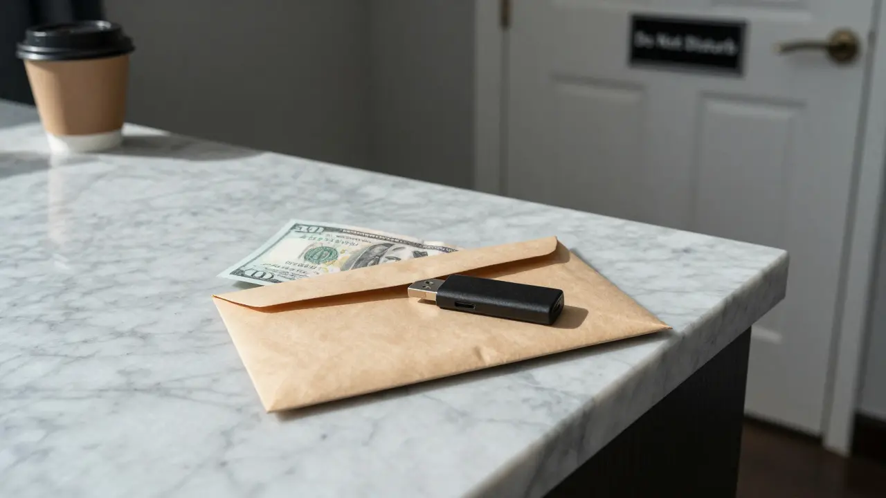 A sealed envelope with cash and a USB drive on a hotel counter, no personal items, only silence and exclusivity.