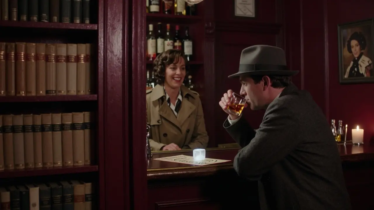 A secret speakeasy behind a bookshelf, a man sipping bourbon at a cozy bar with vintage bottles and warm candlelight.