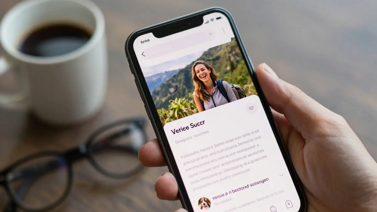 A smartphone screen showing a genuine escort profile with a candid photo and detailed bio, no filters or stock images.
