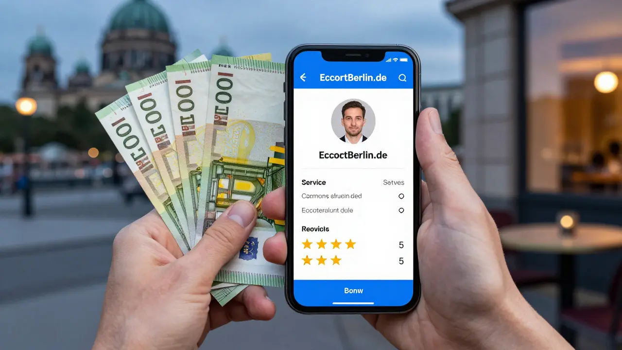 A smartphone showing a verified escort profile with euro bills beside it, symbolizing secure service.