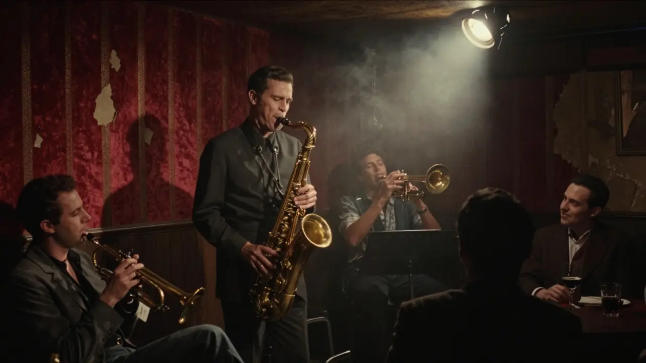 A smoky jazz club basement with a saxophonist playing under a single spotlight.