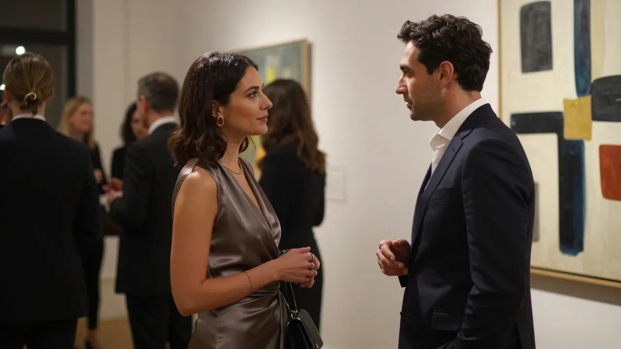 A sophisticated woman converses quietly with a man at a private art gallery opening in Belgravia.