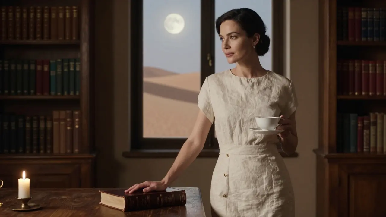 A woman in a linen dress holding tea in a luxurious villa library, moonlight casting soft shadows behind her.