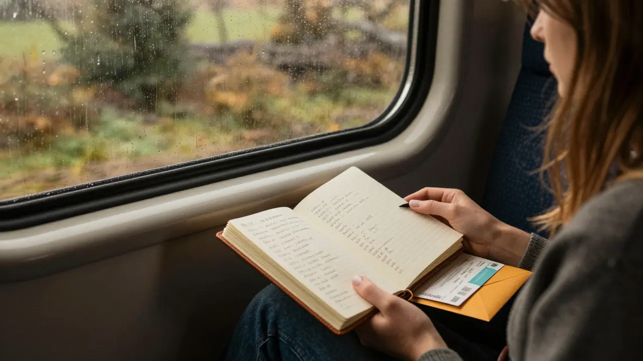 A woman sits alone in a private train car, reflecting as rain streaks the window, with a notebook and envelope beside her.