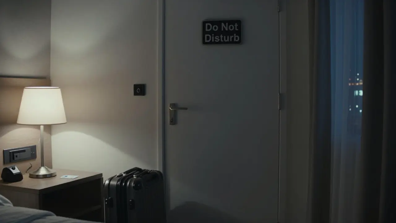An anonymous Berlin hotel room at night with a keycard on the nightstand and city lights visible through the curtain.