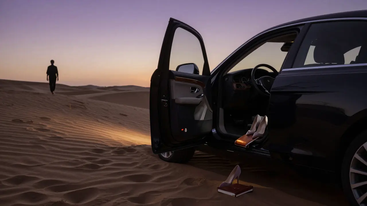 An empty luxury car at sunset with a journal and heels left behind, symbolizing a meaningful, unspoken connection in the desert.