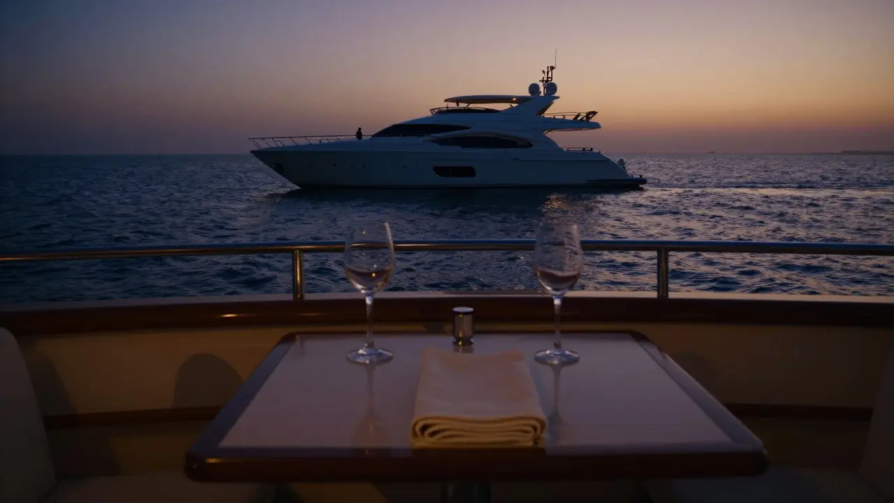 An empty luxury yacht deck at dusk, wine glasses and napkin left behind, suggesting a private, unrecorded encounter.
