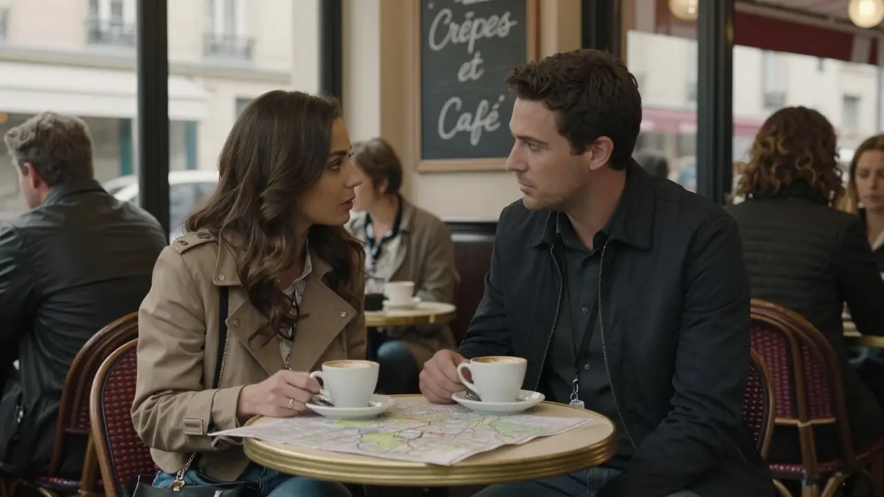 An escort and client meet at a Parisian café, discussing a map over coffee, natural light streaming through the window.
