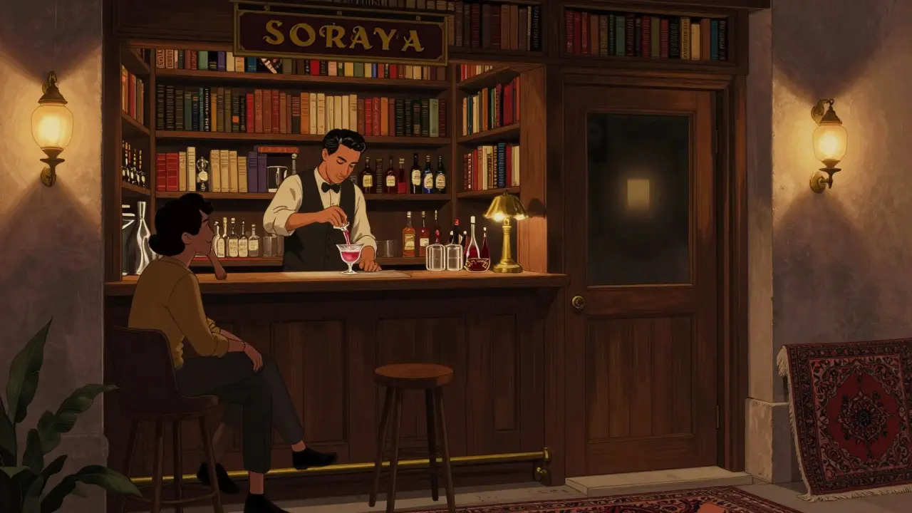 An intimate speakeasy bar hidden behind a bookshop, lit by soft lamps, with a bartender mixing a unique cocktail.