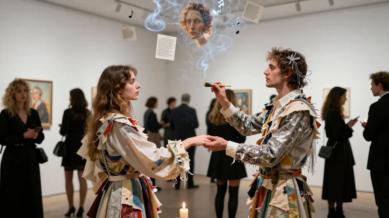 At a Berlin gallery opening, guests mingle with artist-escorts whose clothing blends into floating abstract art elements, creating a surreal cultural fusion.