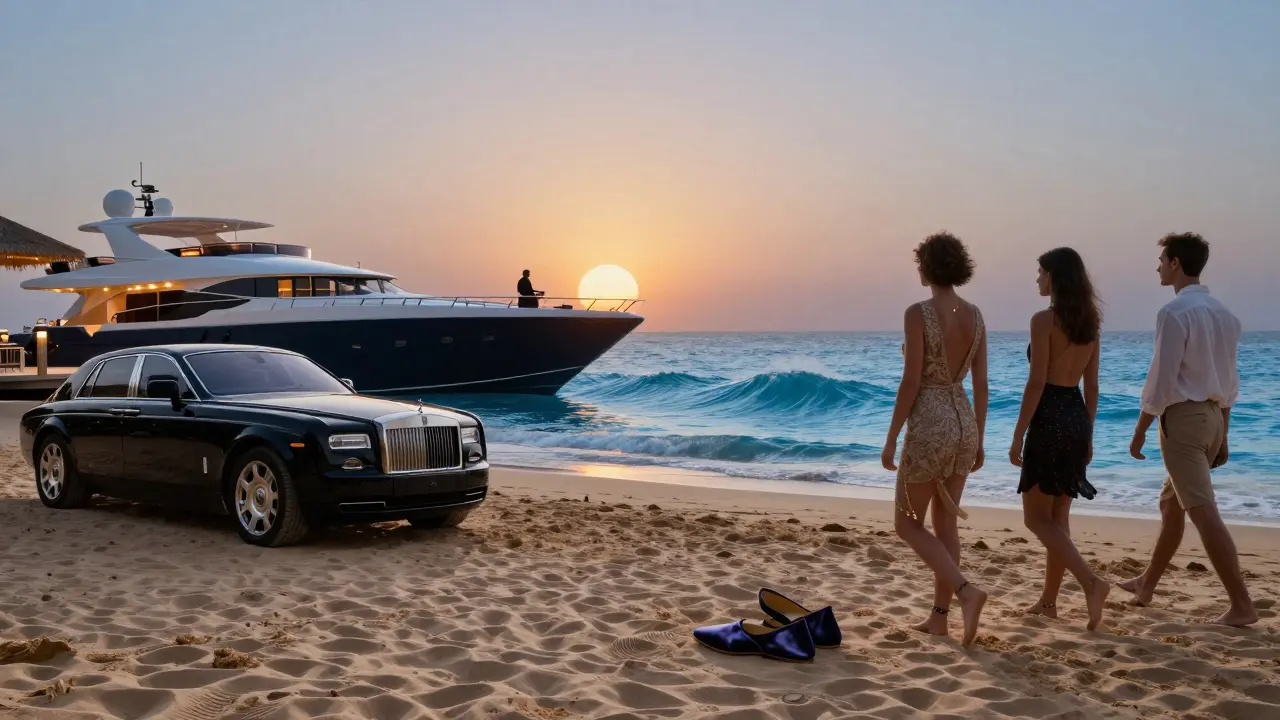 Beachfront club Blue Bay at dawn with a luxury yacht and empty sand, figures walking away as the sun rises.