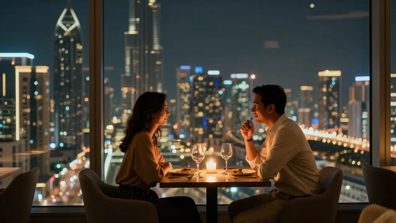 Candlelit dinner at At.mosphere restaurant with panoramic Dubai skyline view through floor-to-ceiling windows.