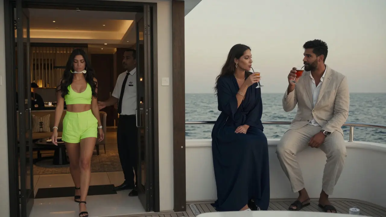 Contrasting scenes: one person being turned away for inappropriate attire, another blending in with elegant, modest clothing on a yacht.