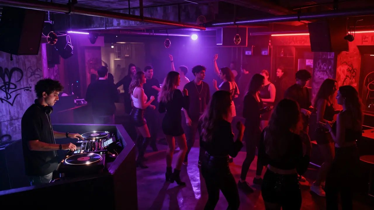 Crowd dancing in a dimly lit underground club in Al Quoz with neon lights and industrial ambiance.