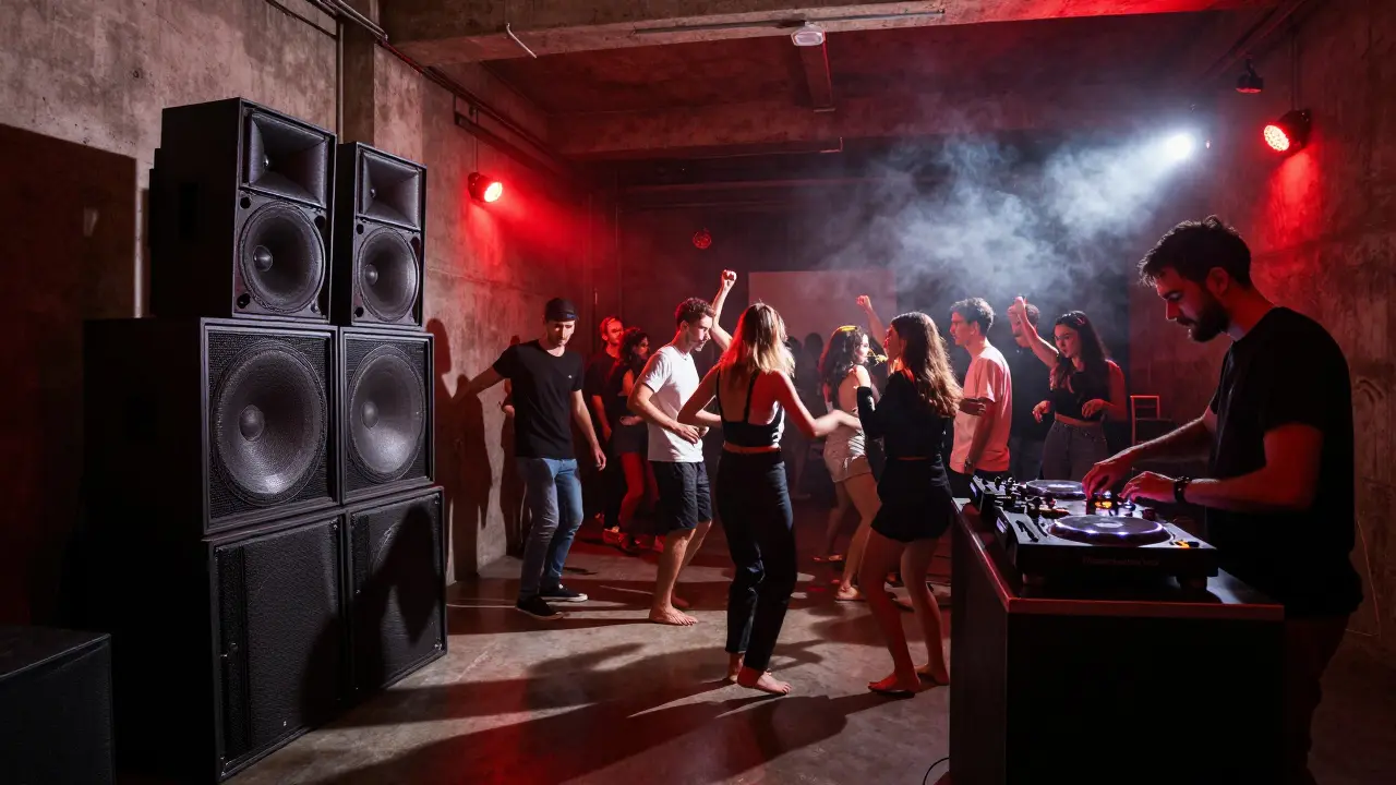 Crowd dancing in a raw industrial club with strobe lights and a powerful sound system, concrete walls and no VIP section.