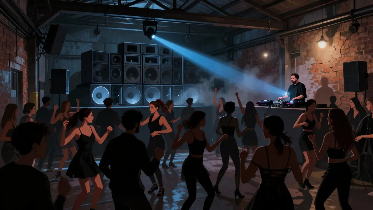 Crowd dancing in an underground warehouse club with industrial lighting and sound vibrations in the air.