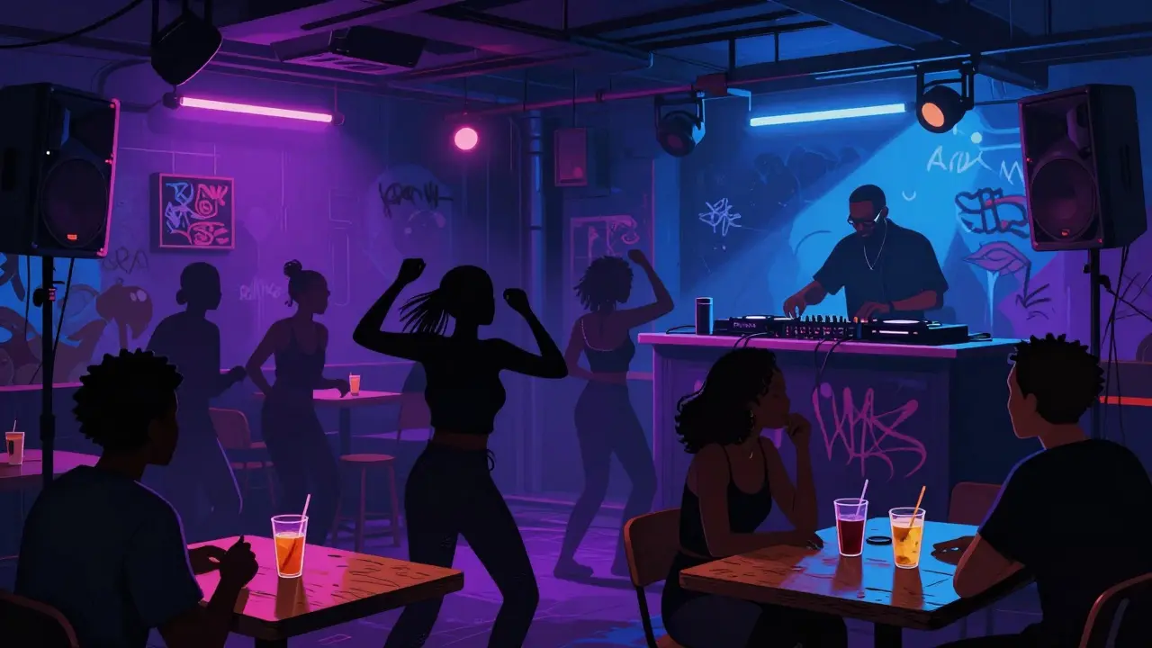 Crowd dancing to live Afrobeat and house music in a vibrant underground venue.