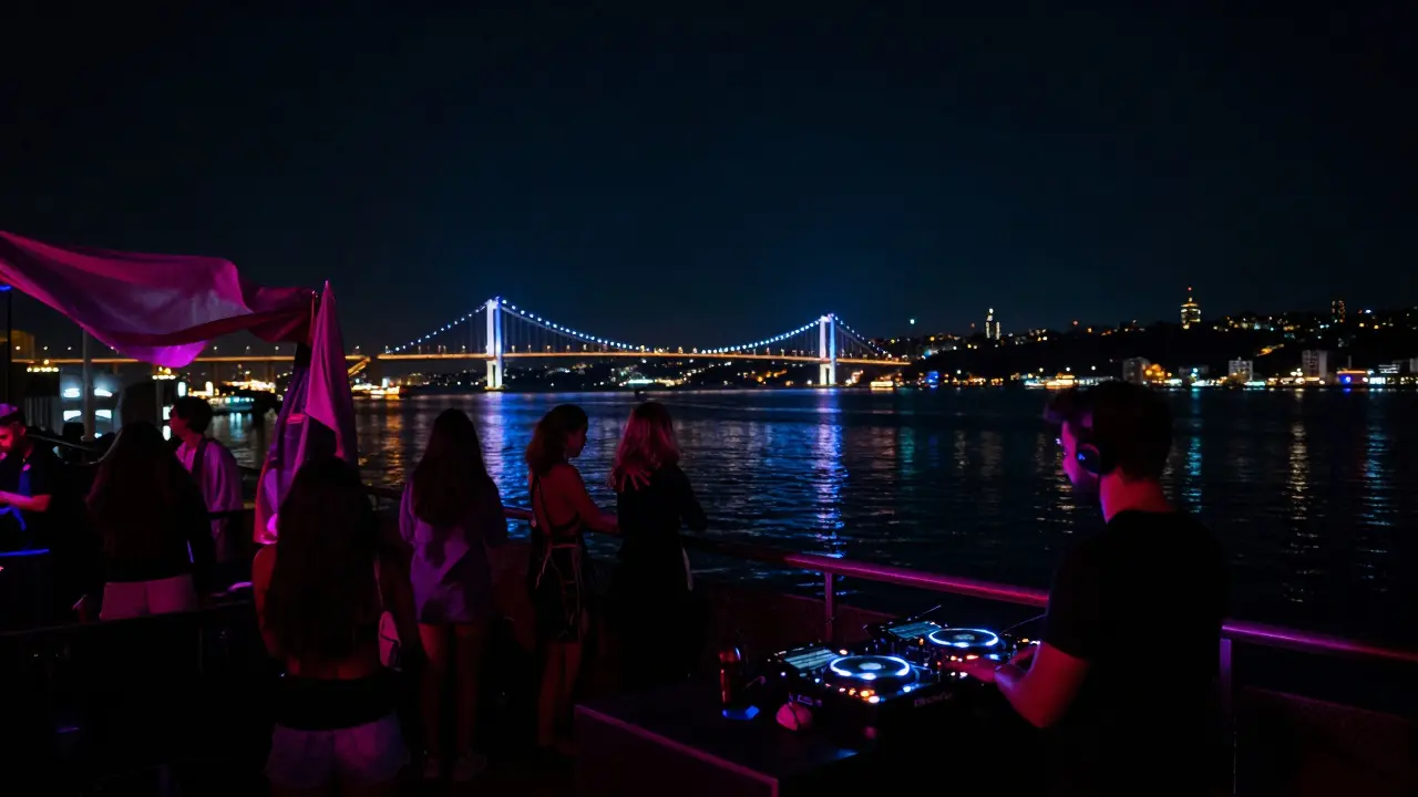 Dancers on Reina's Bosphorus terrace under glowing city lights and neon DJ booth.