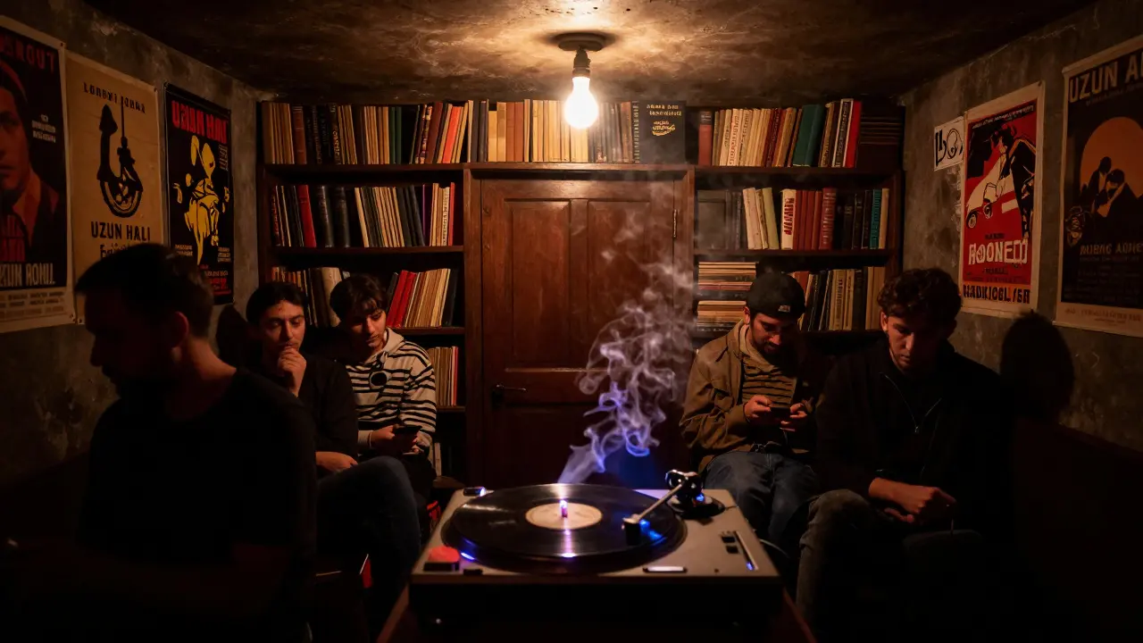 Hidden basement club Uzun Hali with vinyl turntable and smoke under a single dim bulb.