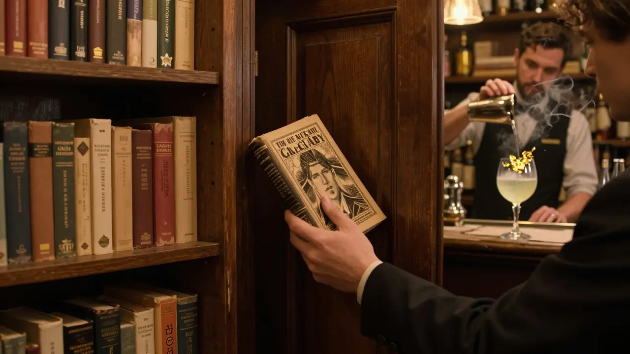 Hidden bookshop speakeasy where a customer discovers a secret door while selecting a classic novel.