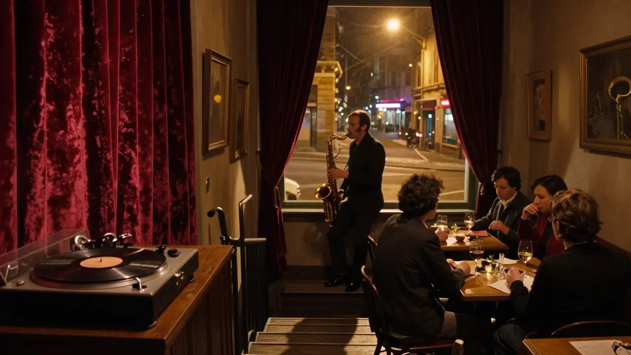 Hidden jazz lounge above a dry cleaner with vintage decor and a saxophonist playing under amber light.