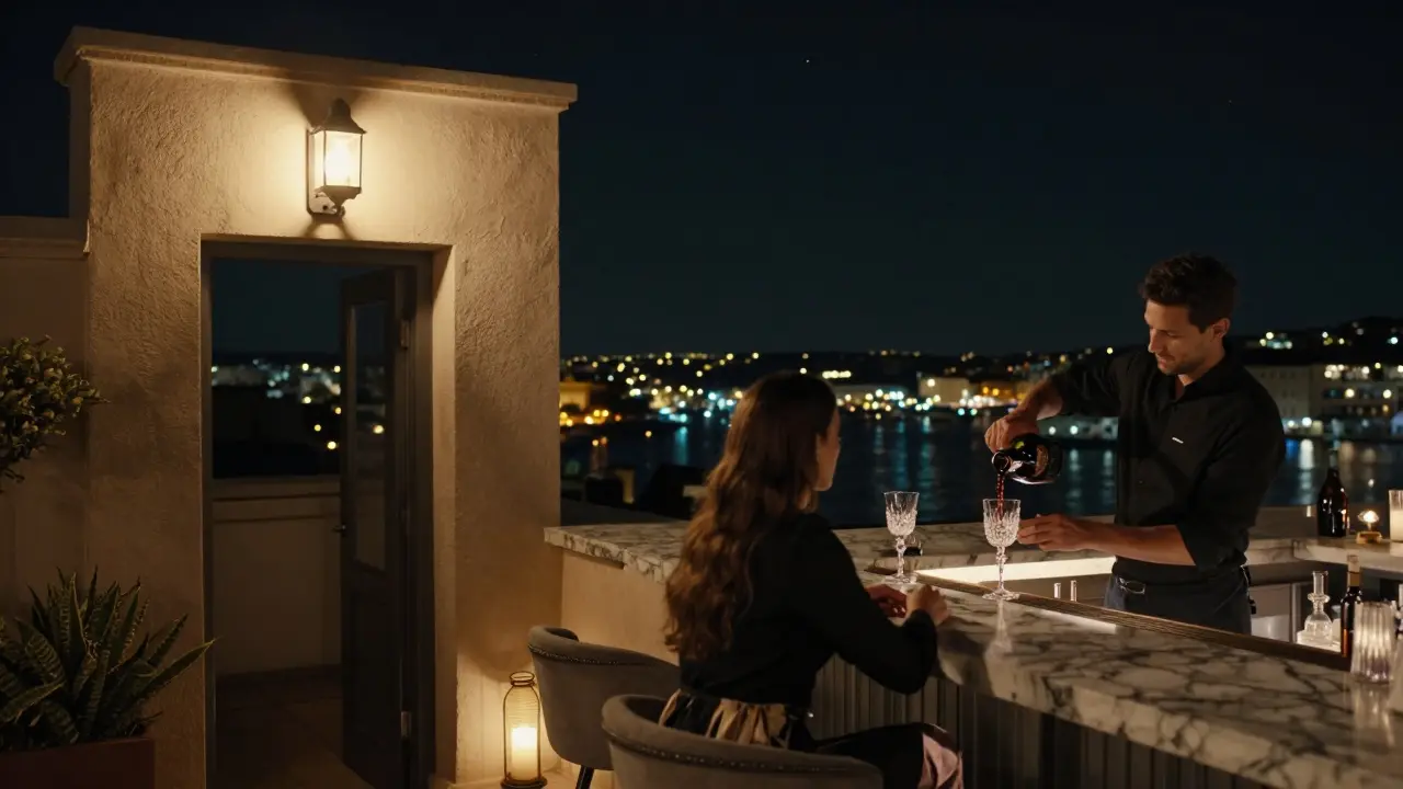 Hidden rooftop bar L’Arome with a bartender pouring champagne, harbor lights twinkling below in the midnight sky.