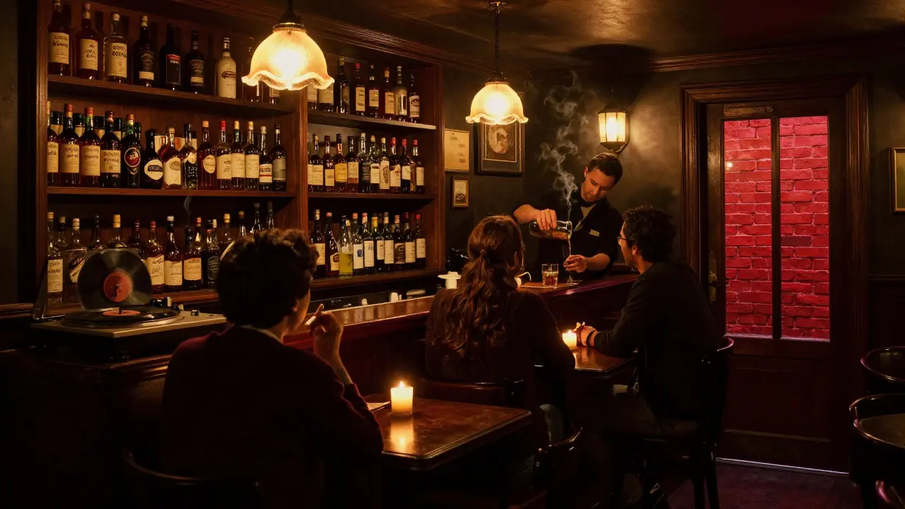 Hidden underground bar with wooden interiors, patrons sipping vermouth, no phones, only candlelight and vinyl records playing.