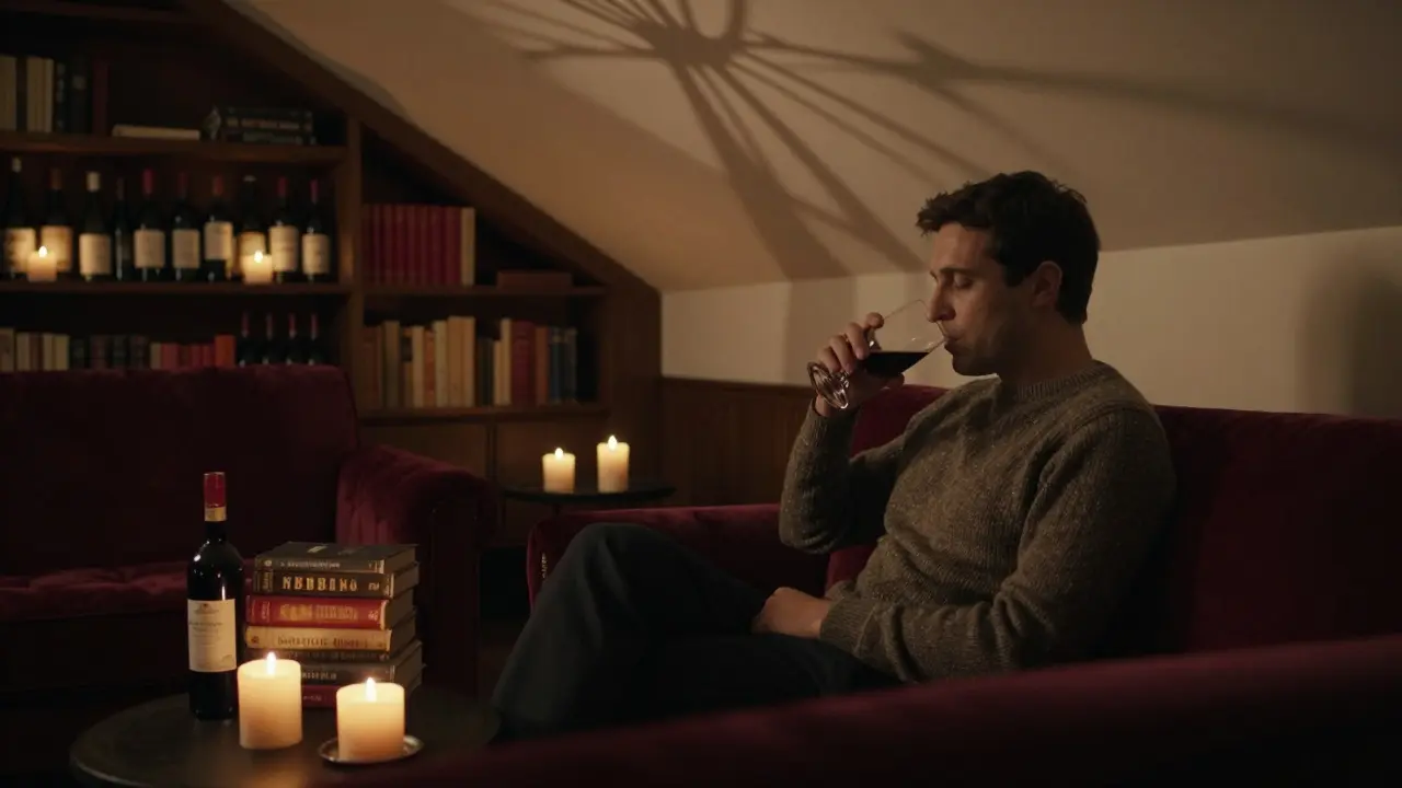 Quiet lounge with velvet couches, candlelight, and wine, someone reading alone.