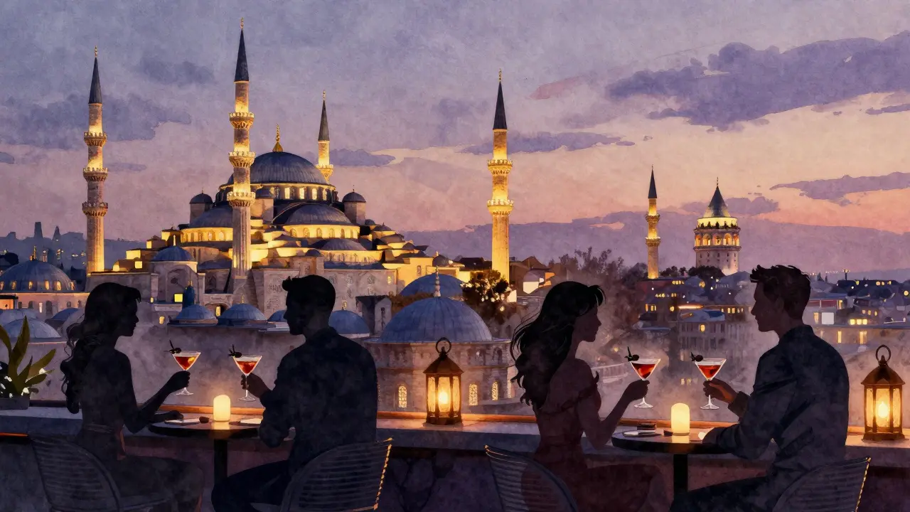 Rooftop bar at dusk with guests overlooking Istanbul's minarets as the city lights begin to twinkle.