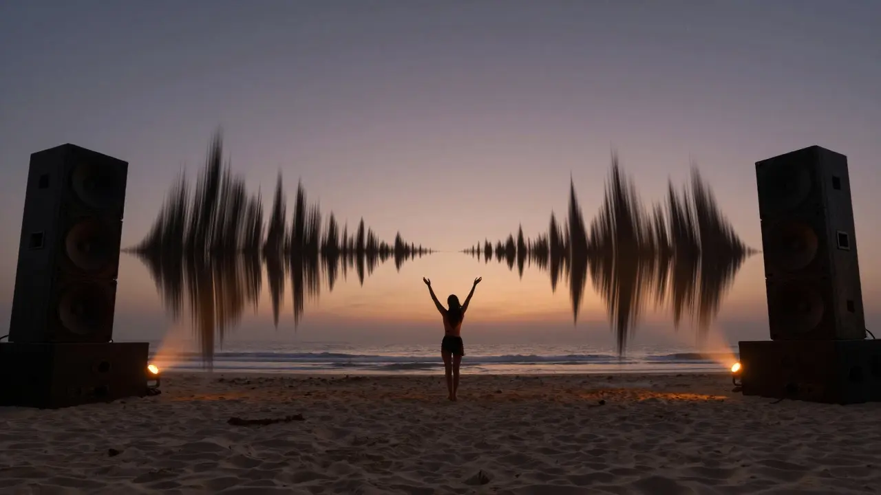 Silhouetted dancer immersed in soundwaves at White Dubai beach club at sunrise.