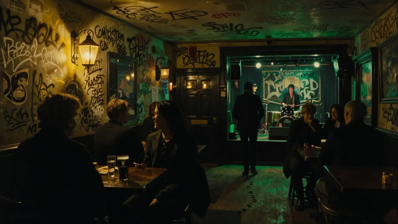 The historic Dublin Castle pub in Camden with layered graffiti and a single Guinness glass glowing in dim light.