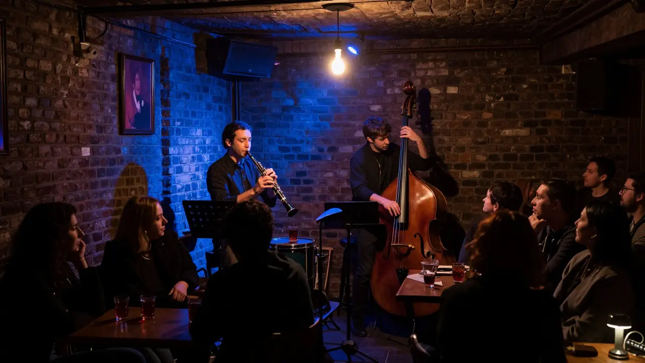 Tiny underground jazz lounge with a clarinetist playing as listeners enjoy rakı in dim, intimate lighting.