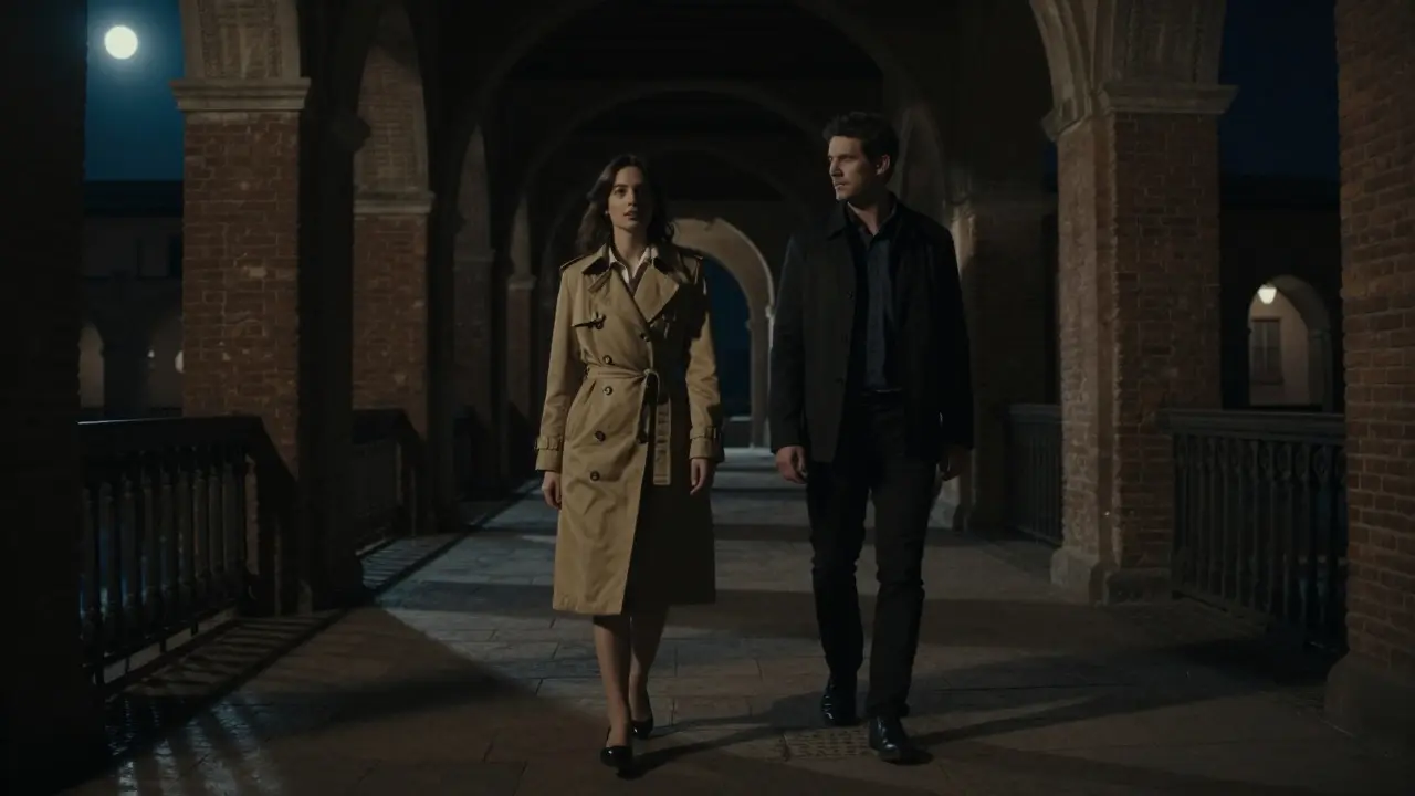 Two figures walk in quiet sync beneath Sforza Castle’s arches at night, bathed in moonlight and shadow.