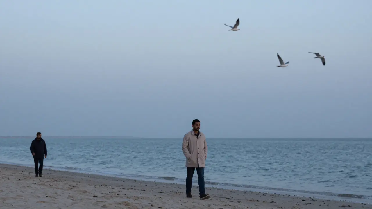 Two figures walking silently along Abu Dhabi's Corniche at dawn, one following the other with quiet presence.