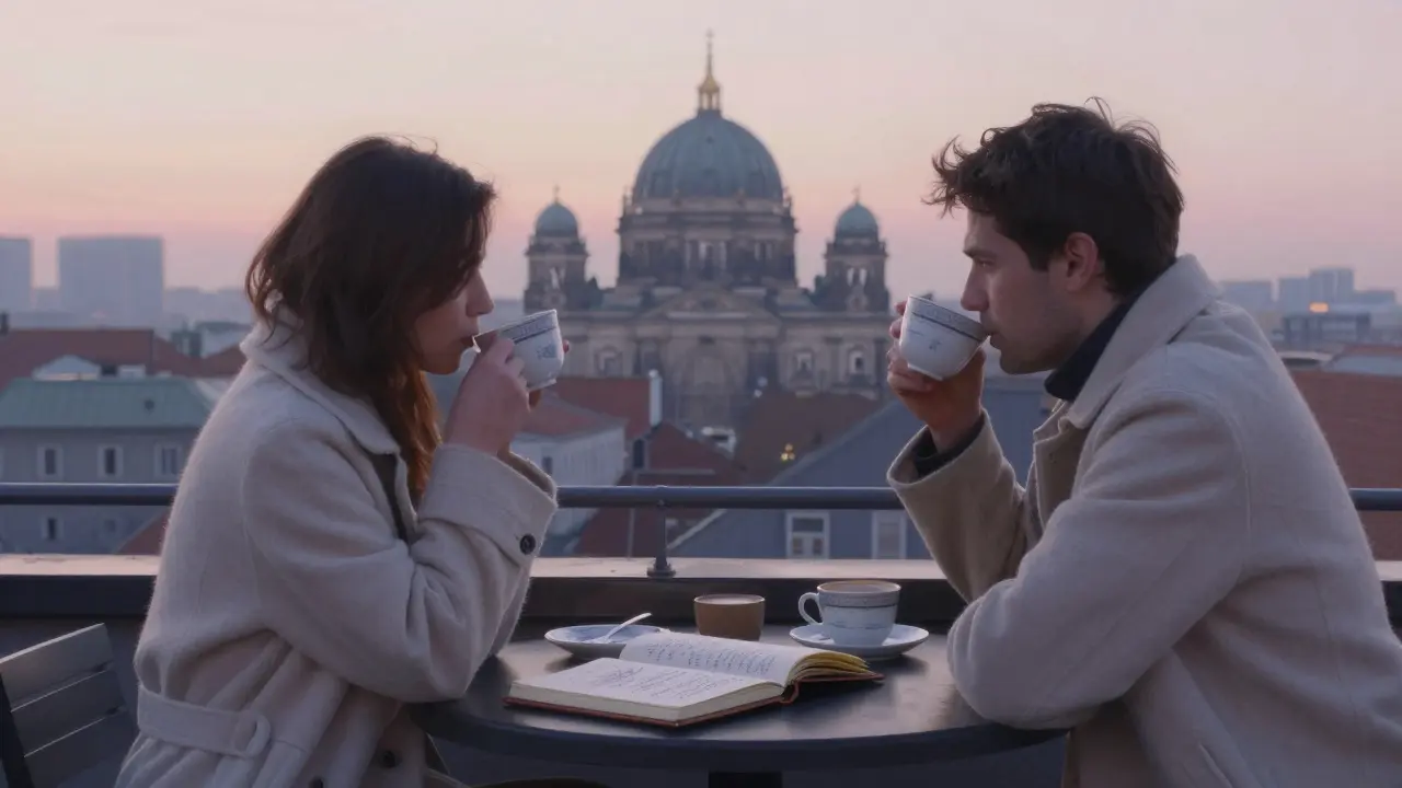 Two individuals sharing a quiet dawn moment on a rooftop terrace, overlooking Berlin’s skyline.