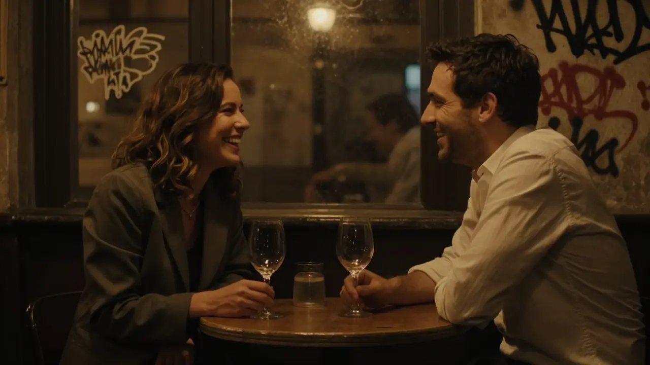 Two people laugh softly in a Berlin bar, sharing an honest, non-romantic moment in the city's vibrant neighborhood.