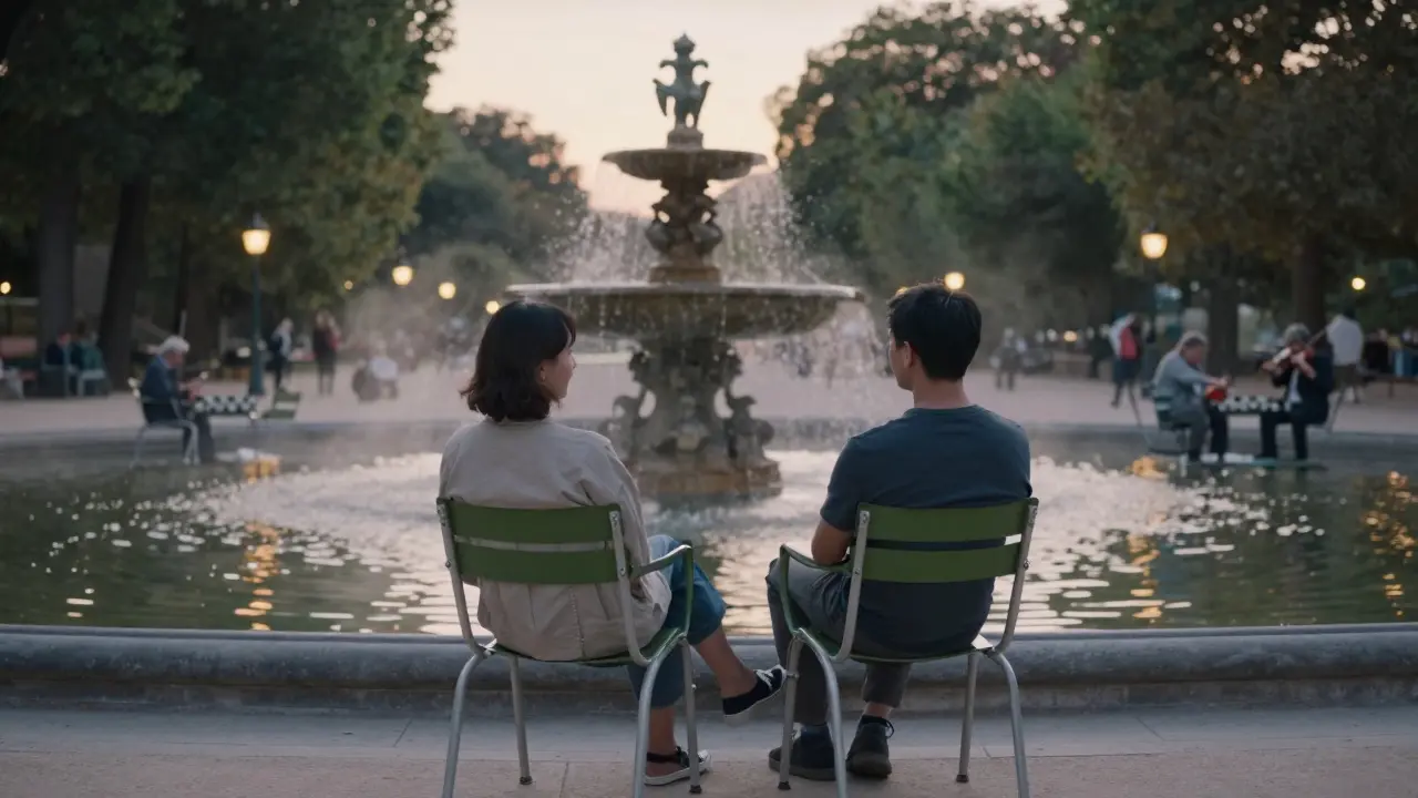 Two people on green wooden chairs by the Medici Fountain in Luxembourg Garden as dusk falls.