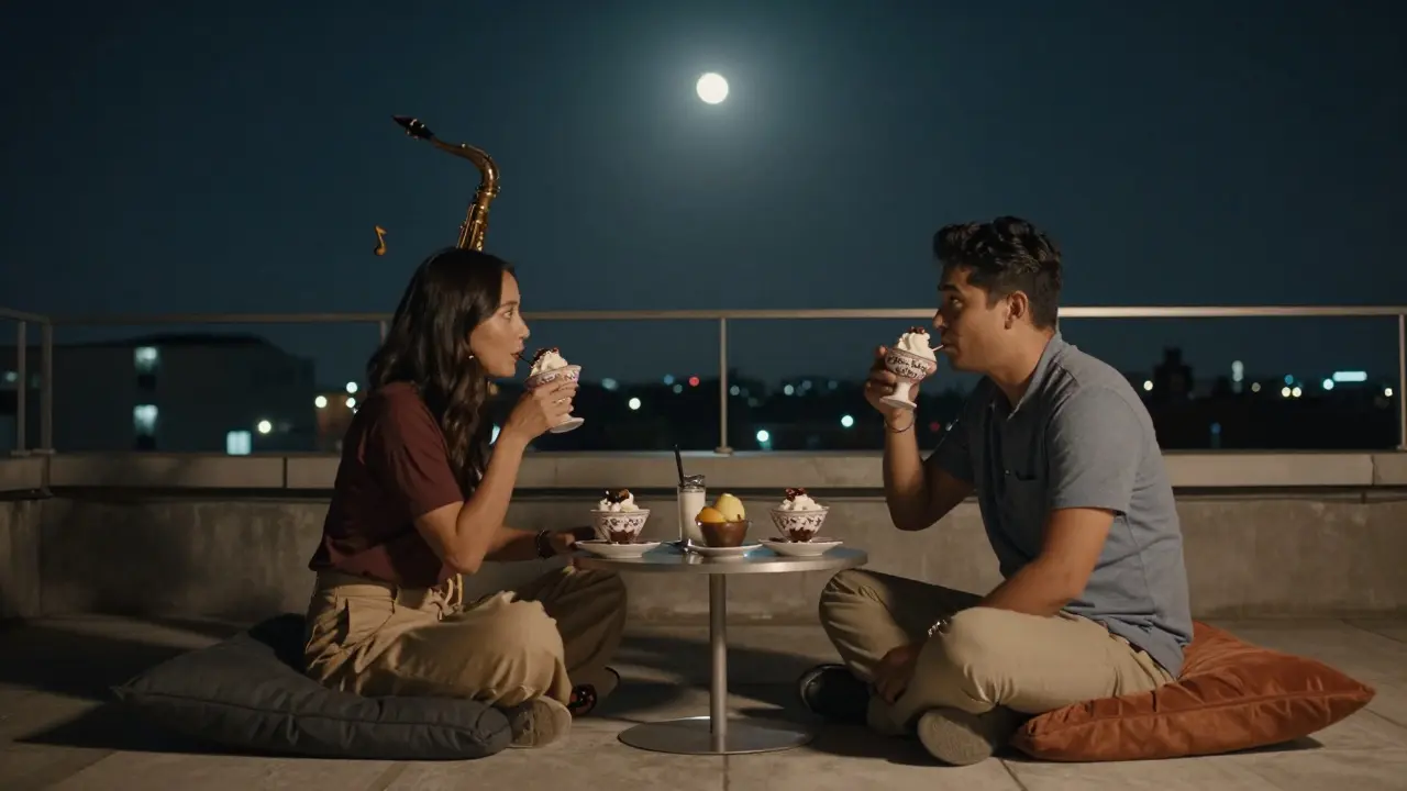 Two people quietly enjoying dessert on a rooftop terrace under moonlight, city lights twinkling below.