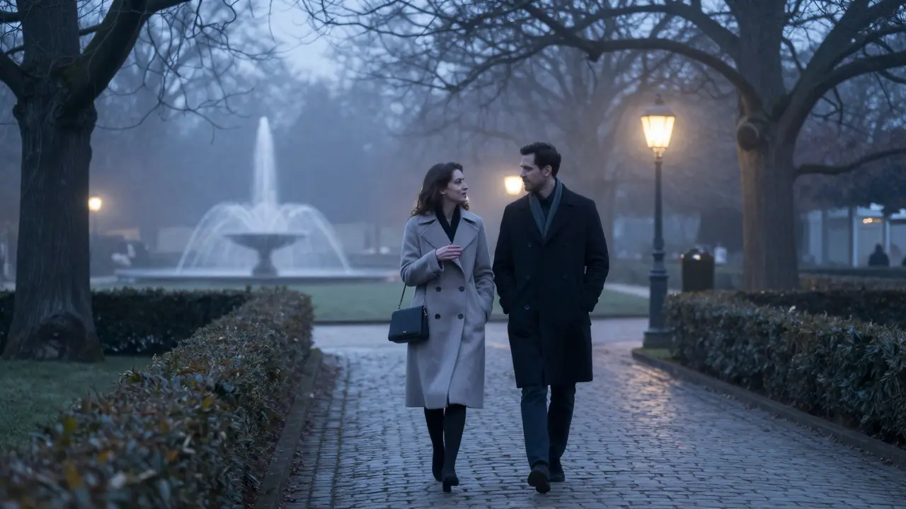 Two people walking peacefully through Luxembourg Gardens at midnight under soft fountain lights.