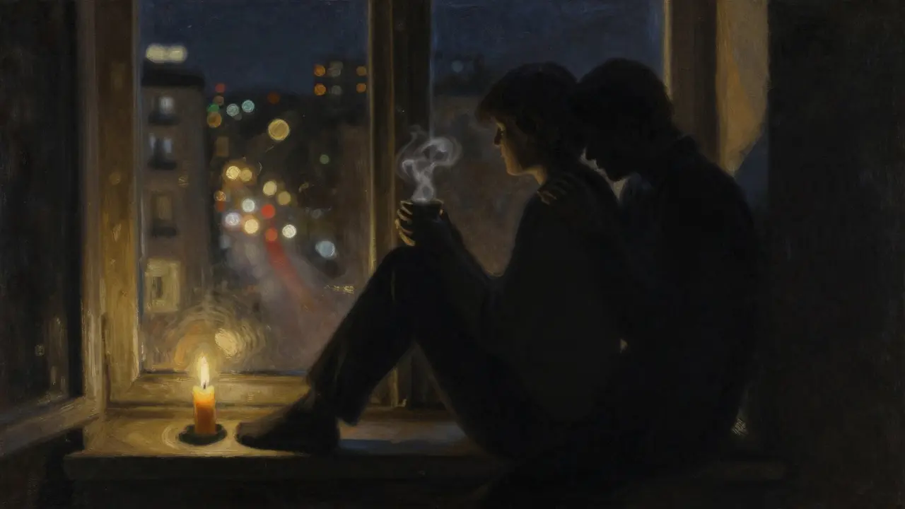 Two silhouettes sitting side by side on a windowsill, sharing quiet comfort in a dark room with a single candle glowing.