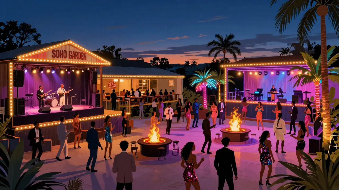 Vibrant multi-level party scene at Soho Garden with live music, fire pits, and diverse crowds.