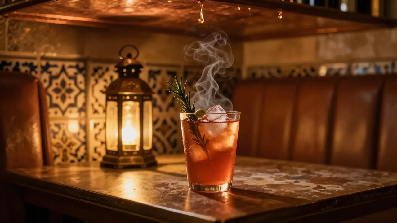 Warm golden lantern light illuminates hand-painted tiles and smoke rising from a copper-rimmed cocktail in an intimate Middle Eastern lounge.